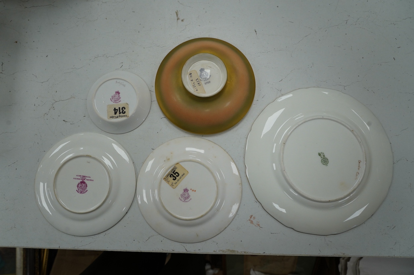 Five Worcester cabinet dishes, each signed, including Jas Stinton, largest 22cm. Condition - fair to good